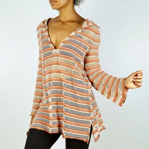 Free People We The Free Pure Cotton Striped Crochet Lightweight Tunic Hoodie - Picture 1 of 8